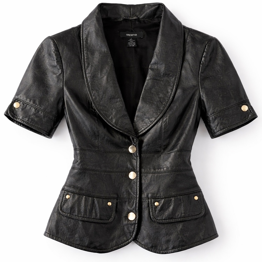 Sculpted Black Leather Waist Jacket ✨ Arden B | Gold Button Detail